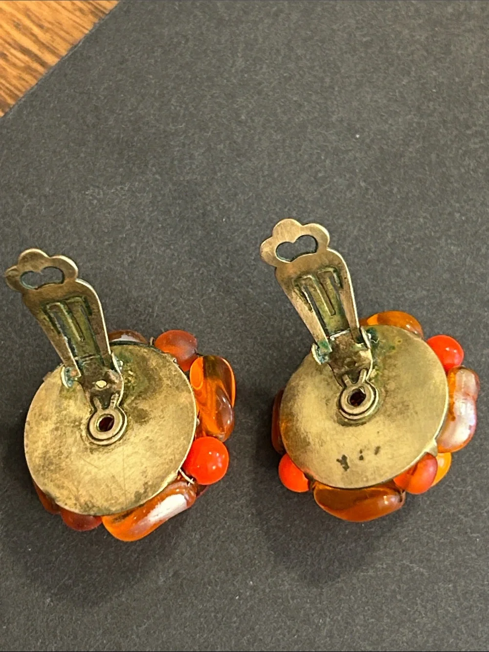 Vintage Cluster Clip-On Earrings - Orange & Amber Tones